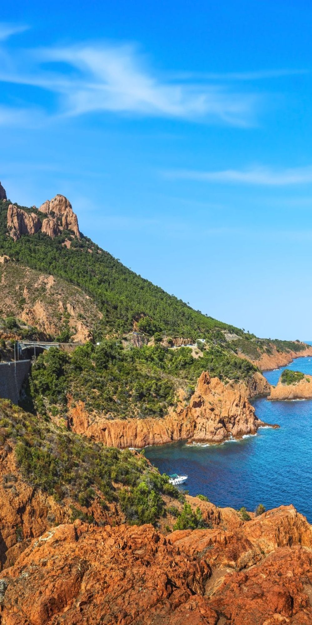 Esterel mediterranean red rocks coast, beach and sea. French Riviera in Cote d Azur near Cannes Saint Raphael, Provence, France, Europe.